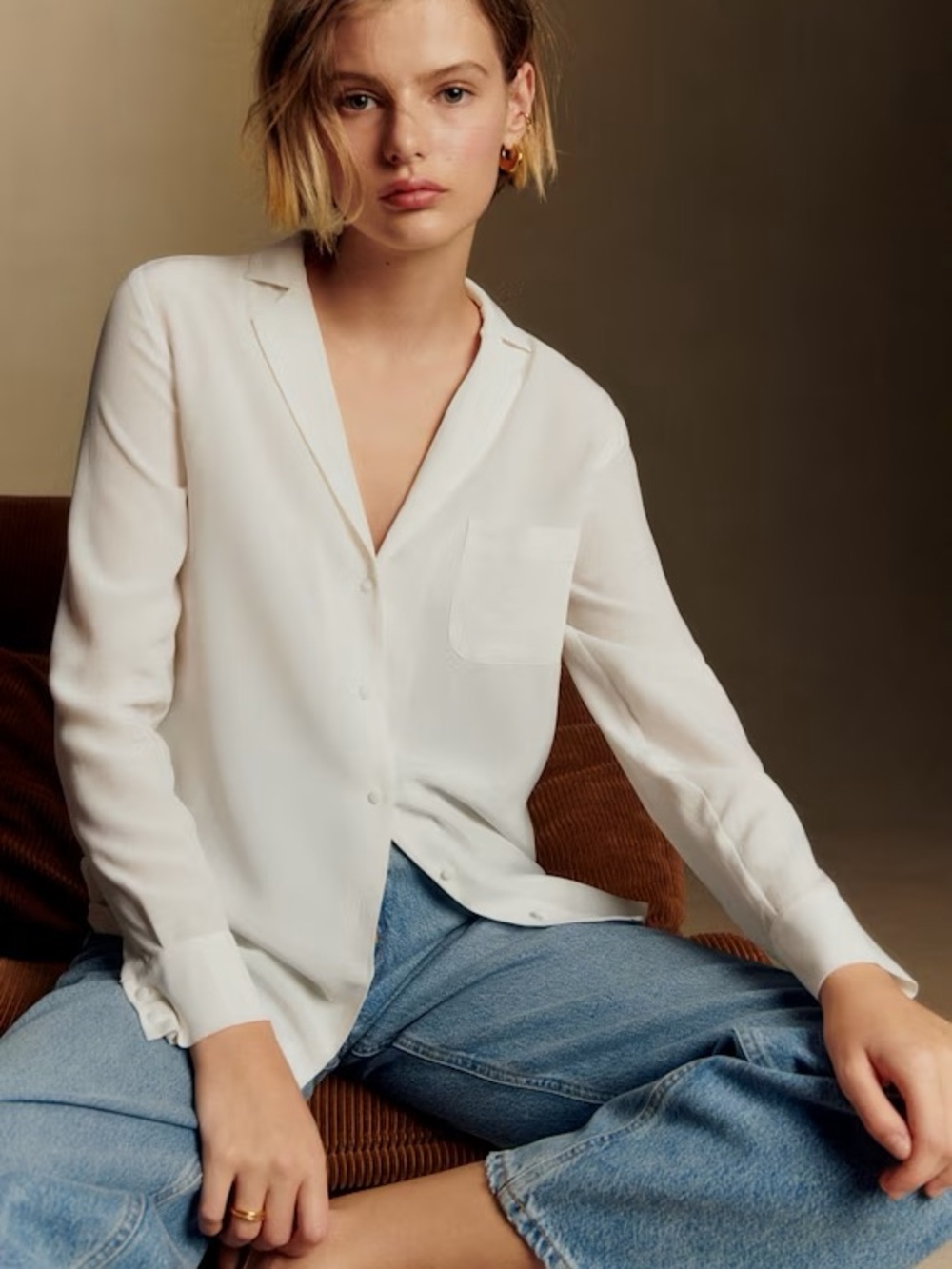 Sezane Ecru (Ivory) Florence Button-Front Top 100% Silk FR34/US 2